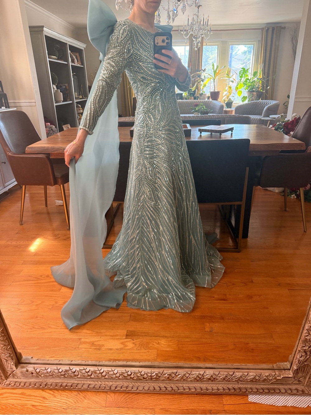 MNM Couture Seafoam Beaded Long-Sleeve Gown with Draped Sash